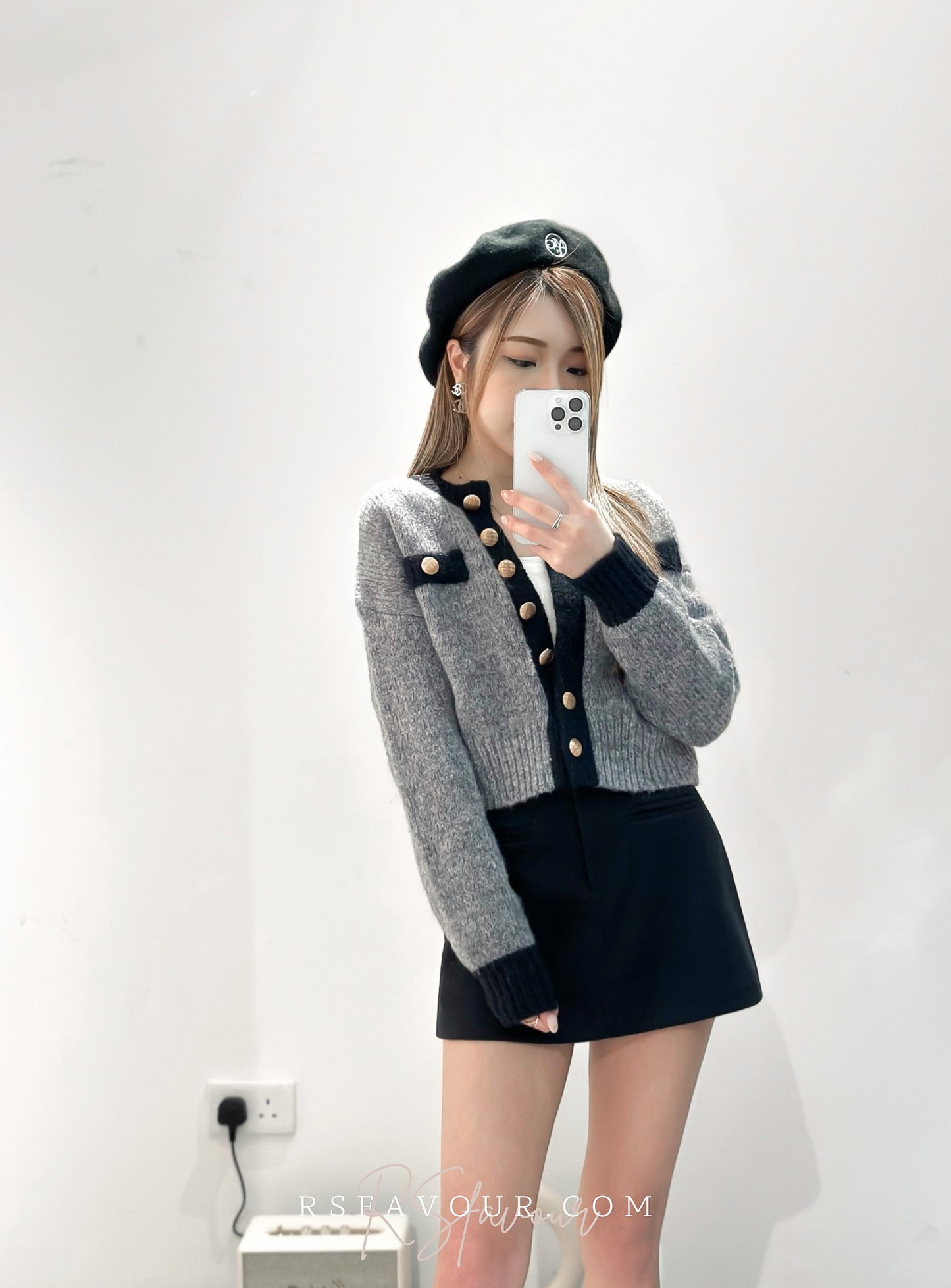 (KR) 拼色金鈕冷外套|霧灰色