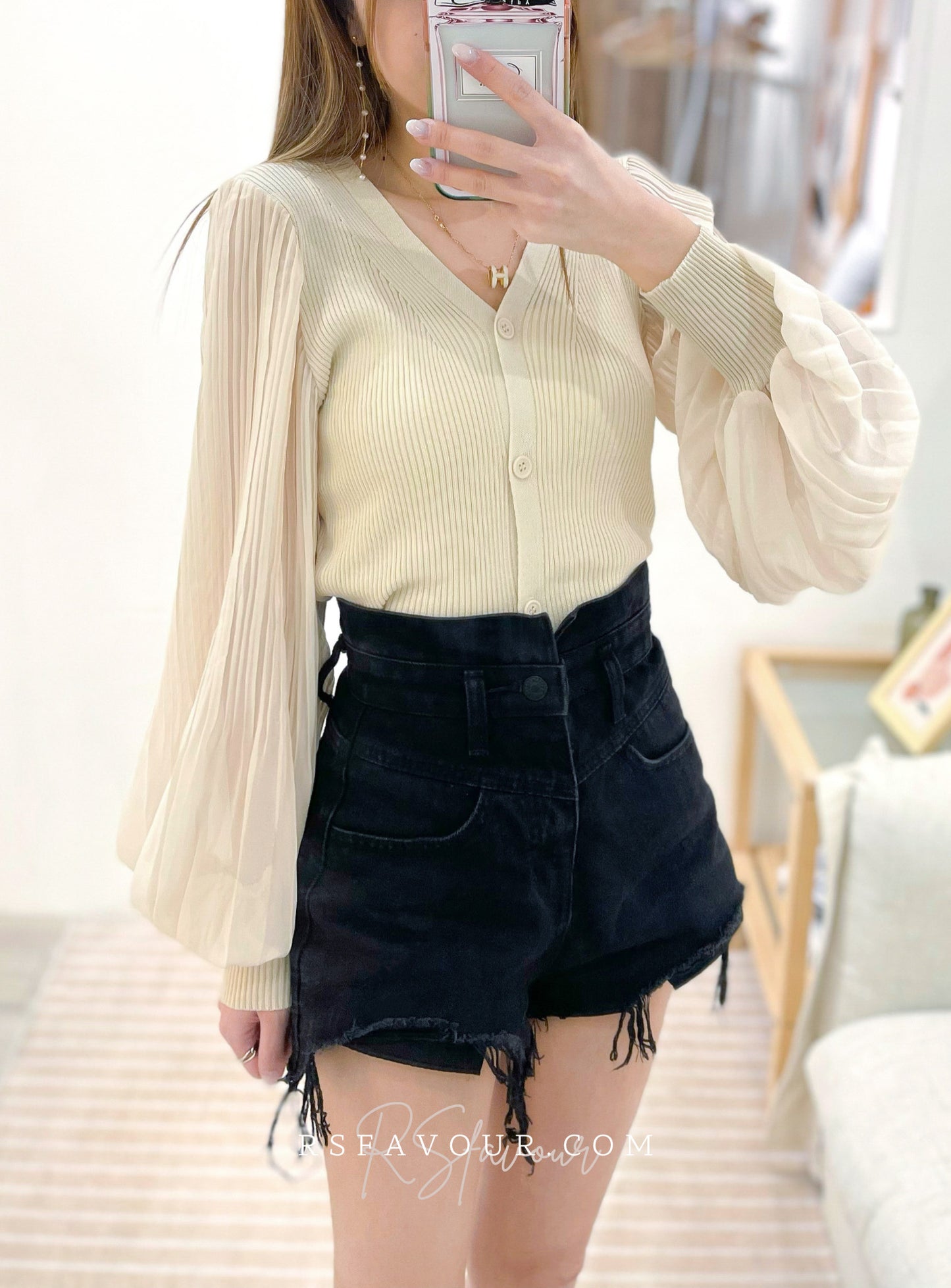 (KR) 百摺泡袖外套|淺杏色