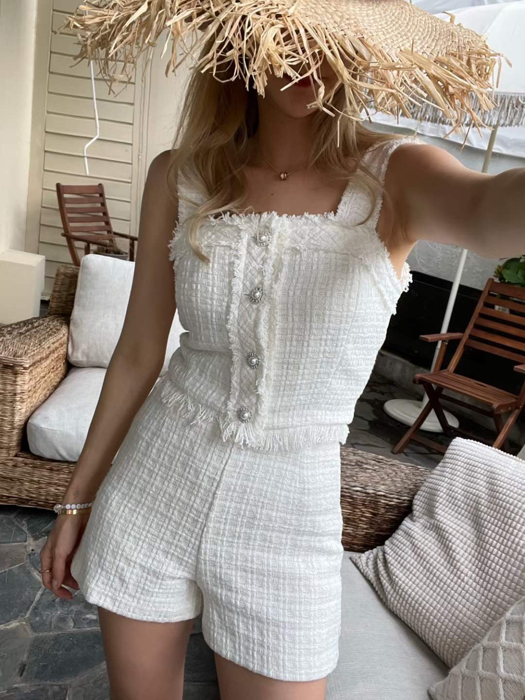 T12 Tweet小香風珍珠鈕背心( 藍/白 )