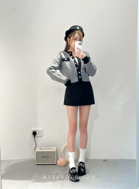 (KR) 拼色金鈕冷外套|霧灰色