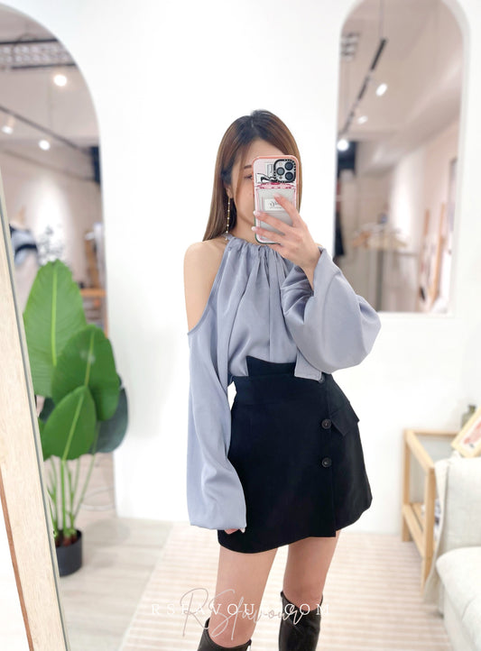 T28 蝴蝶結絲帶露肩上衣( 灰藍 )