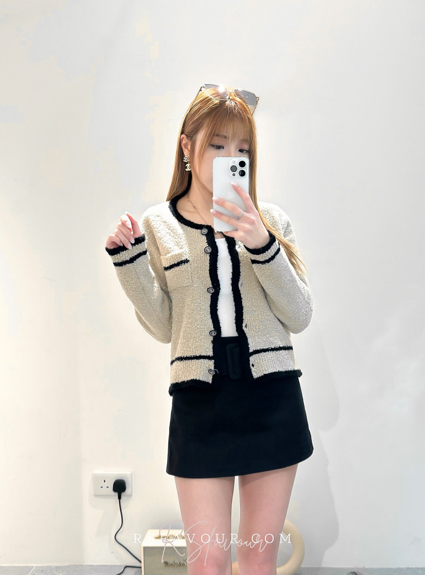 (KR) 毛巾料拼色小香風套|灰調啡