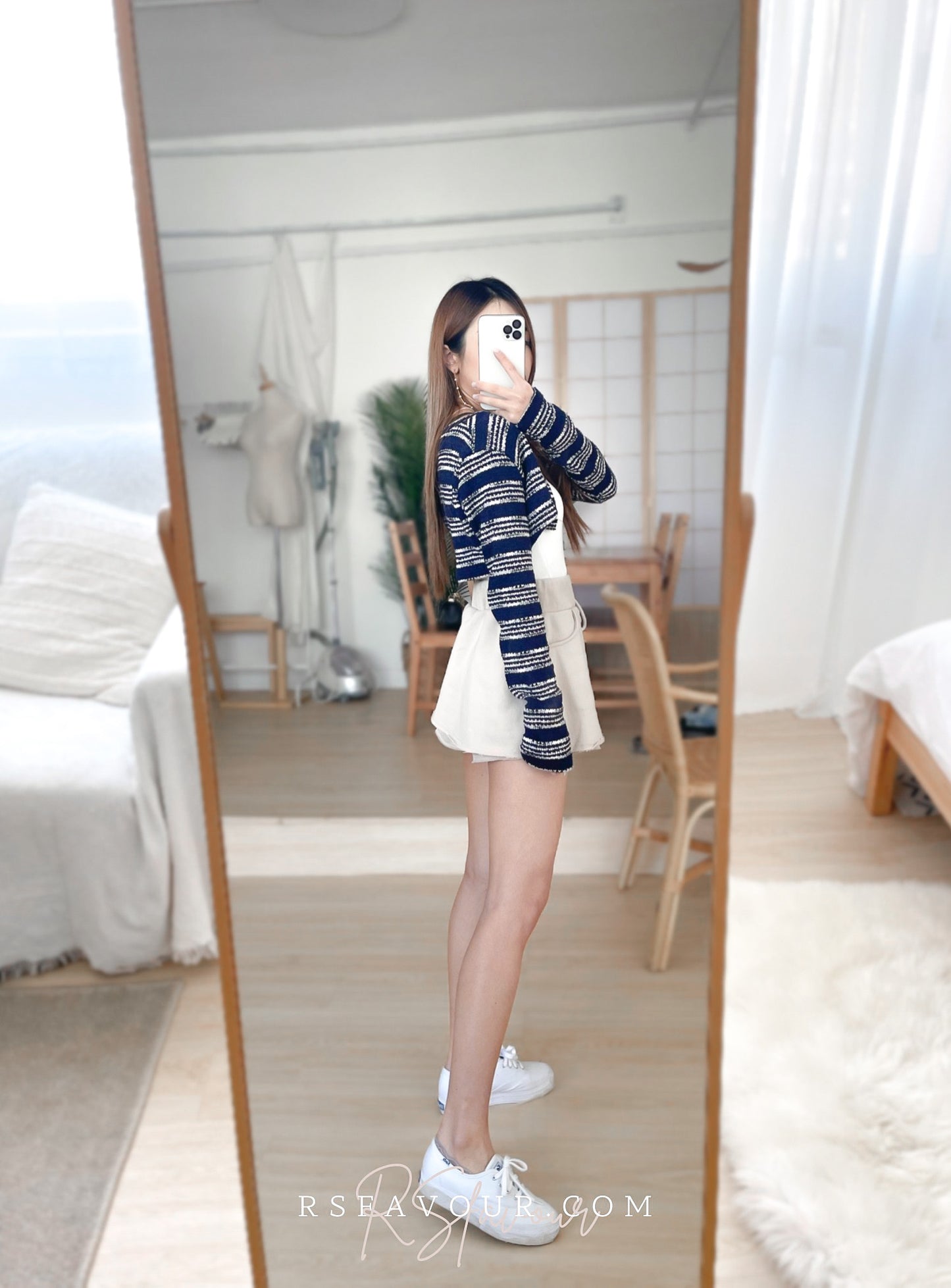 (KR) 橫間針織短外套|深藍色