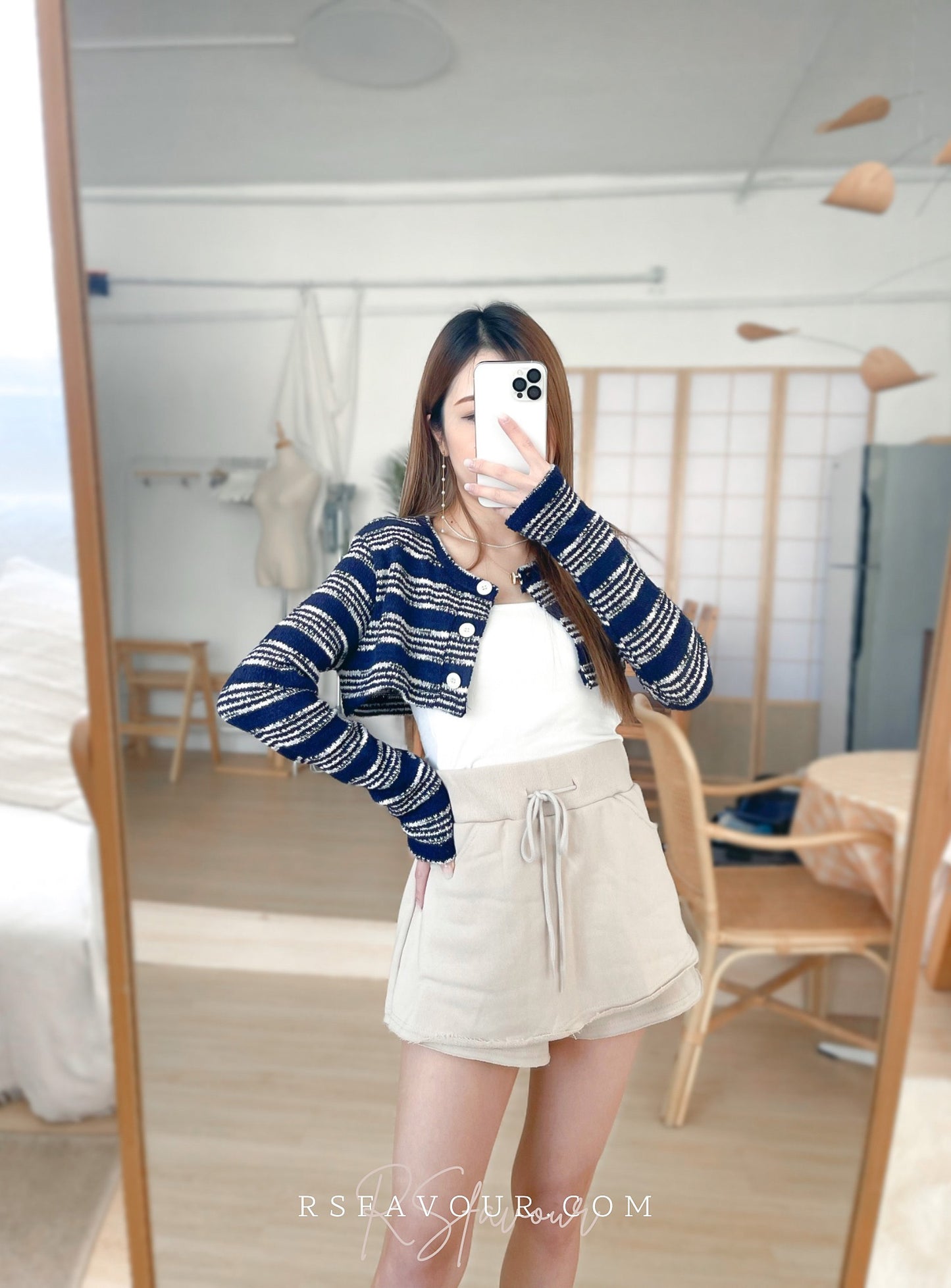 (KR) 橫間針織短外套|深藍色