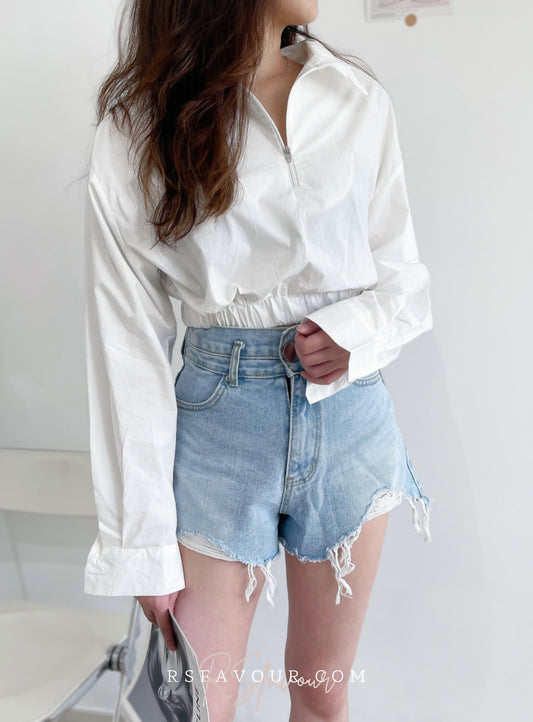 T07 裇衫料速腰上衣( 黑/白 )