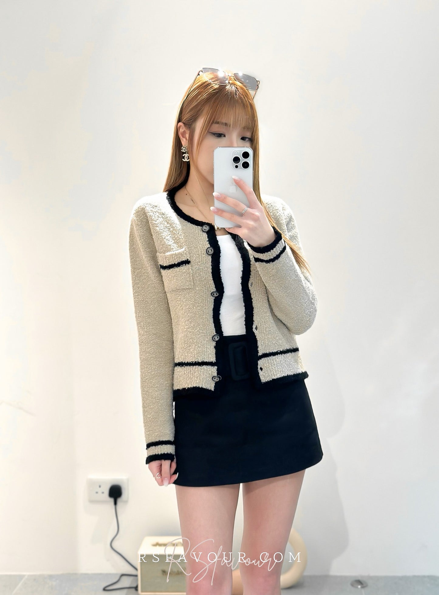 (KR) 毛巾料拼色小香風套|灰調啡