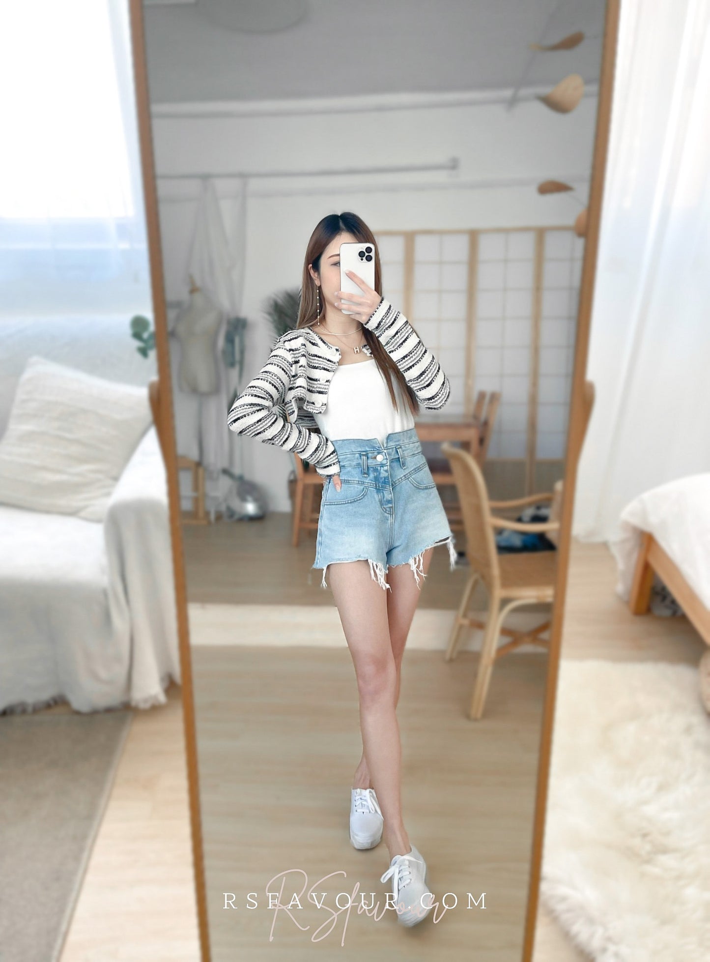 (KR) 橫間針織短外套|冰川白