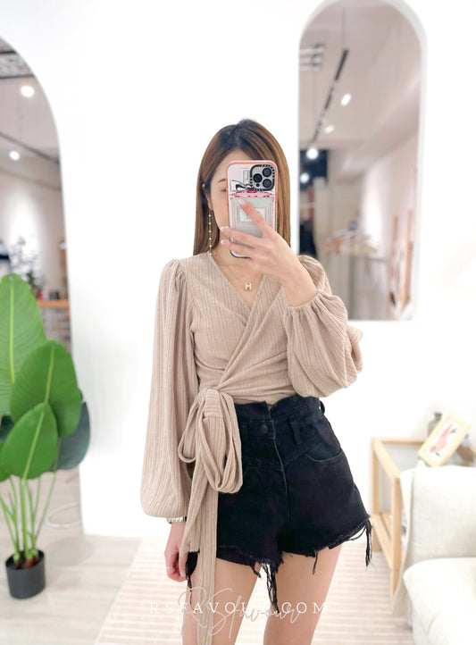 (KR) 間直紋V領綁腰上衣|大地啡