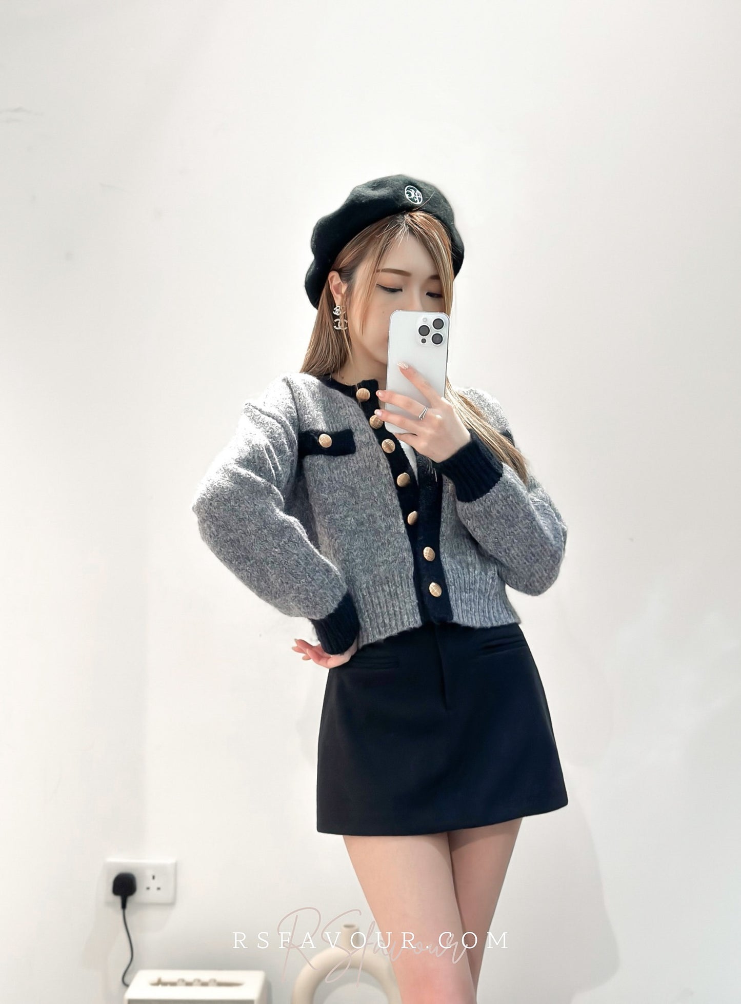 (KR) 拼色金鈕冷外套|霧灰色