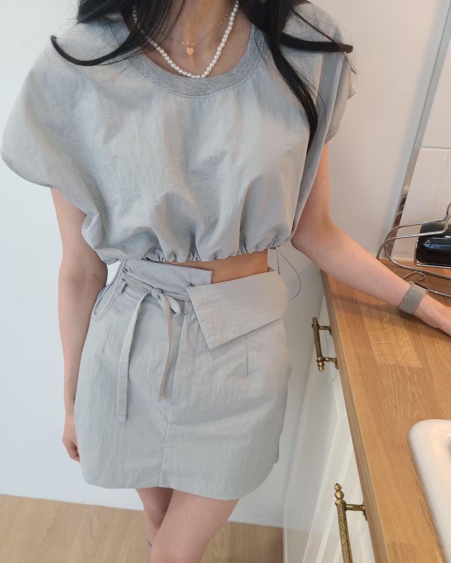 S17 不規則綁帶短裙( 灰/杏白 )