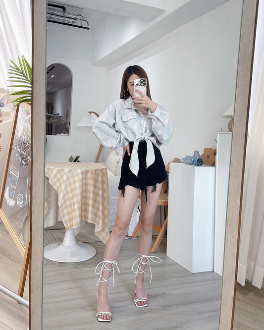 T36 Tweet質感泡袖綁腰恤衫( 灰白 )