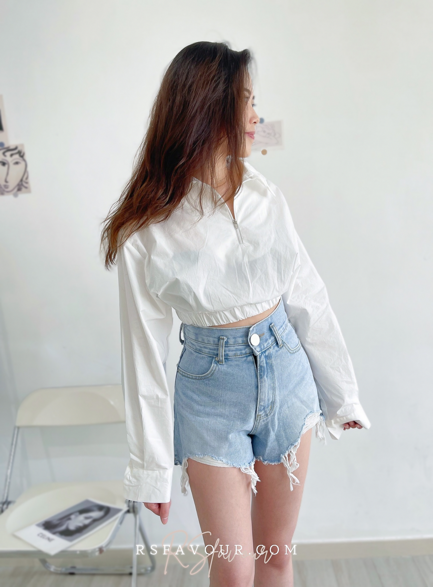 T07 裇衫料速腰上衣( 黑/白 )