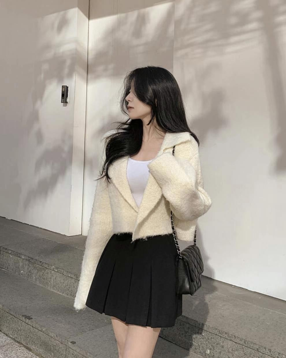 (KR) 珠冷軟綿綿反領短外套|象牙白