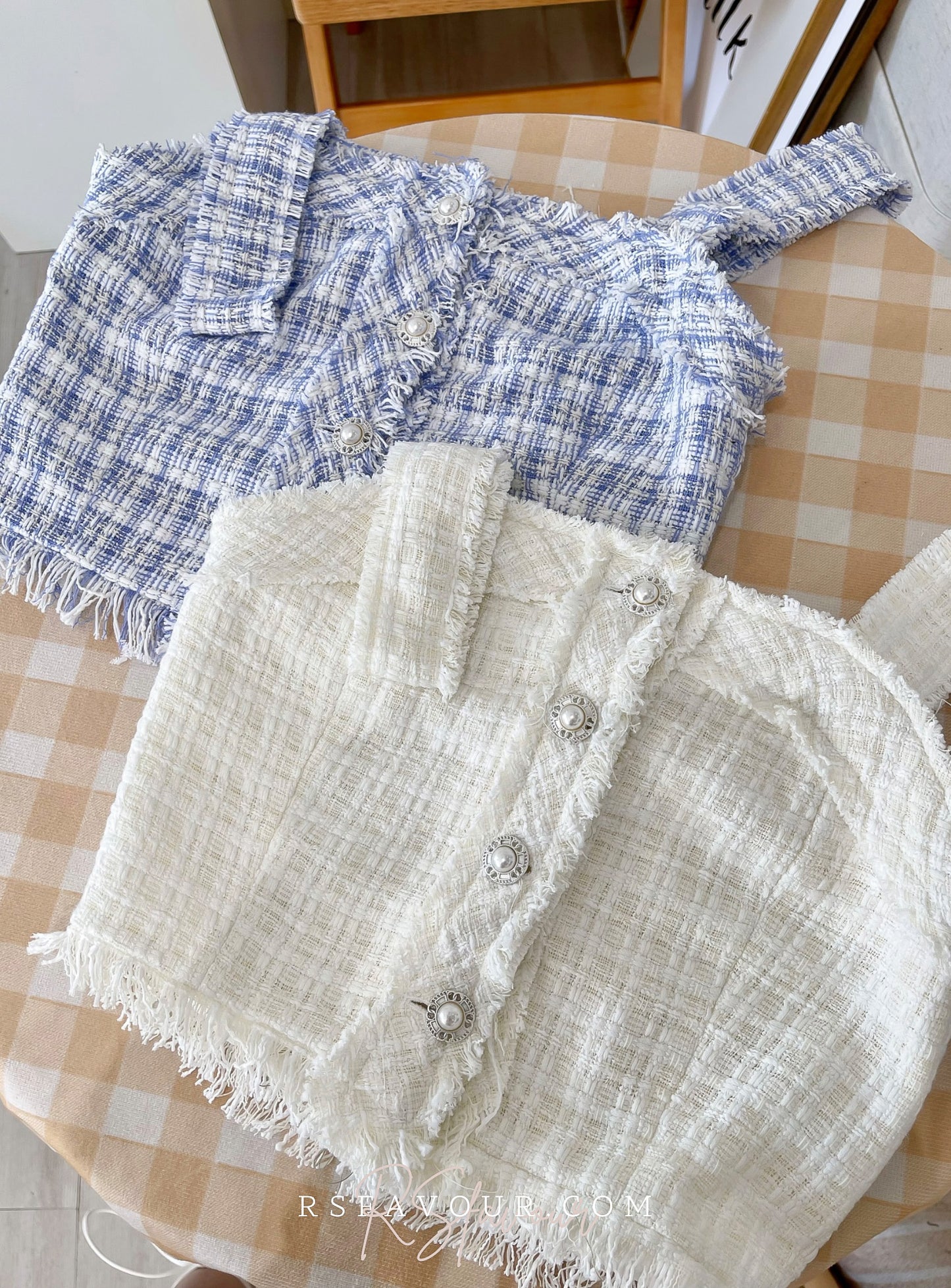 T12 Tweet小香風珍珠鈕背心( 藍/白 )