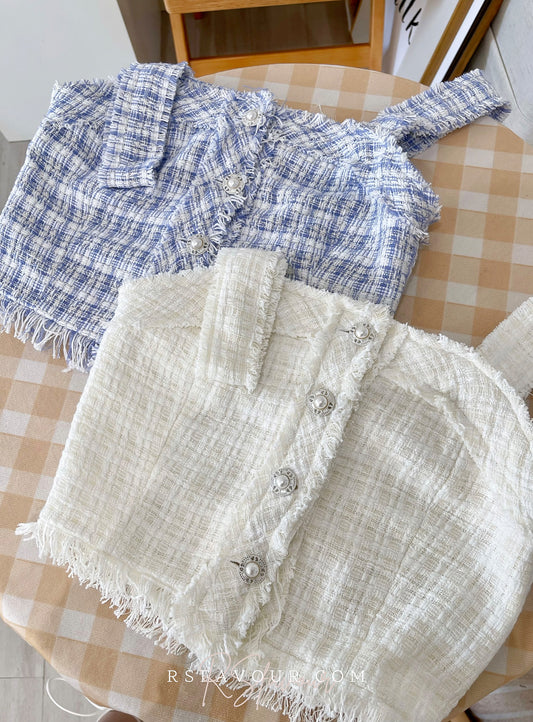 T12 Tweet小香風珍珠鈕背心( 藍/白 )