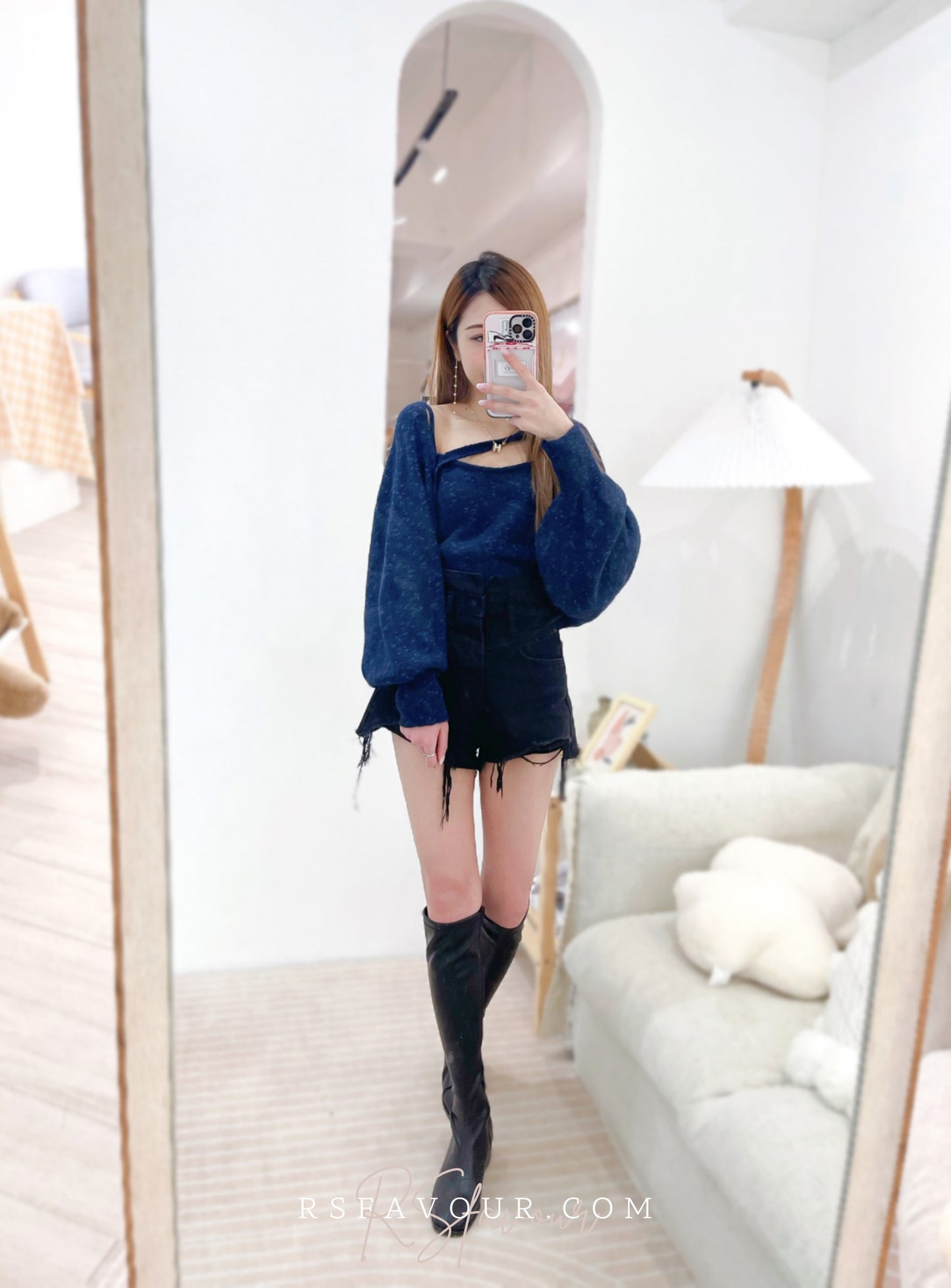 T32 混冷吊帶背心+泡泡袖斜帶JK套裝 ( 藍 )