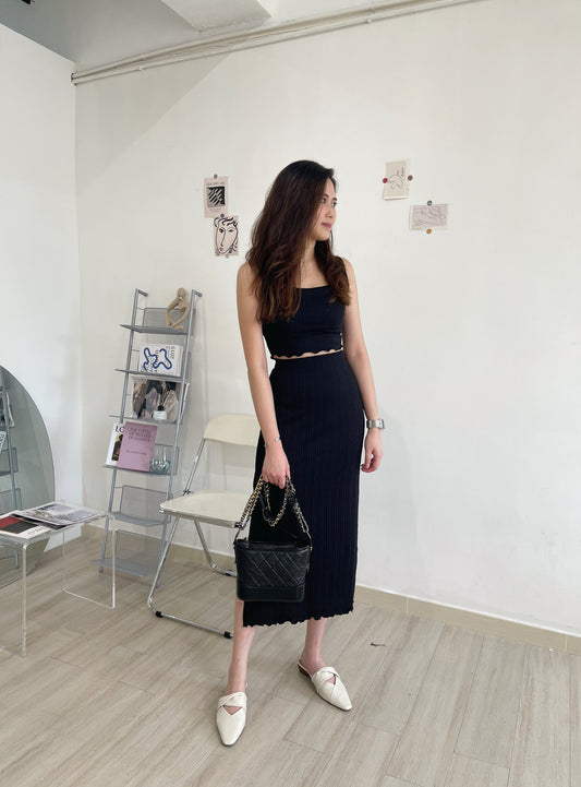 P03 暗扭紋方領背心+半截長裙套裝|兩色入