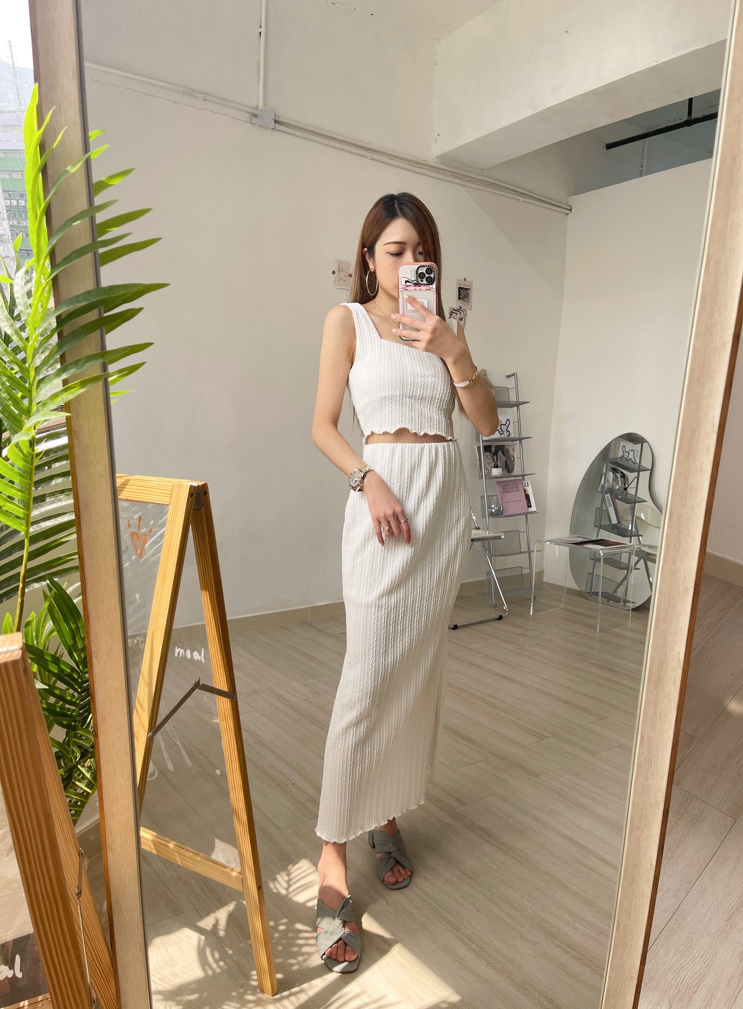 P03 暗扭紋方領背心+半截長裙套裝|兩色入