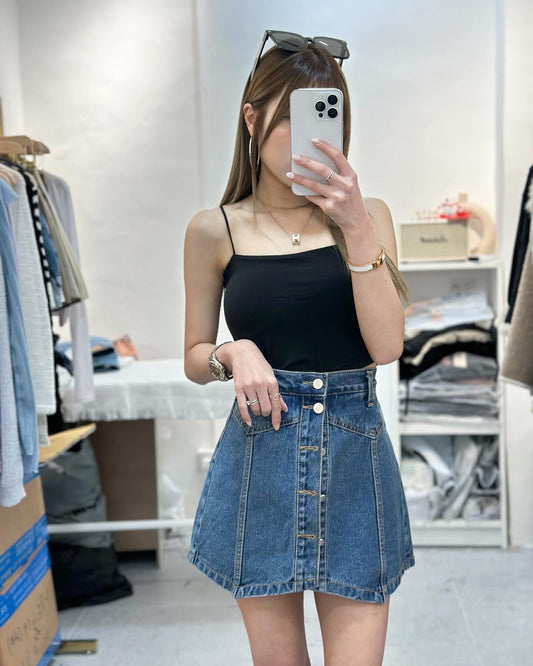 (KR) 直鈕車線高腰牛仔裙褲