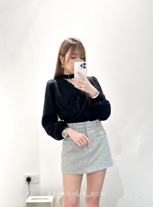 (KR) V領泡泡䄂上衣|高貴黑